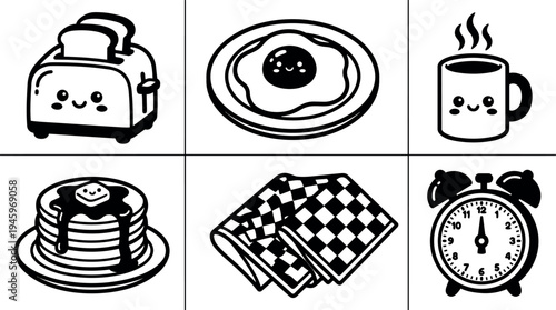 Cute smiling toaster with bread fried egg on plate steaming coffee cup pancakes with syrup checkered napkin and vintage alarm clock vector art