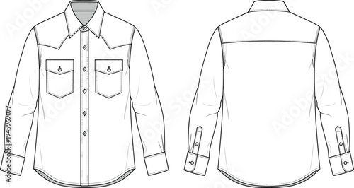 Western style button down shirt technical cad drawing flat vector illustration with pointed yokes double chest flap pockets and long sleeves
