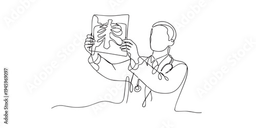 One line drawing of a doctor examining a chest X-ray. Hand drawn continuous line expressing diagnosis, medical analysis, precision, and professional healthcare care.