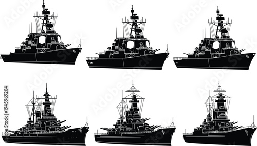 Black Silhouette Set of Modern Warships and Historical Battleships with Radar and Cannons for Navy Military Defense and Marine Design