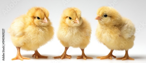 The baby chicks standing side by side on a clean white background