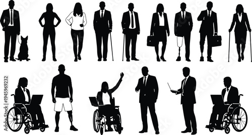 Disability silhouettes, wheelchair users, prosthetic limb figures, crutches illustration, cane support, guide dog assistance, inclusive design, accessibility concept, diverse human forms