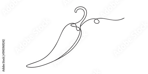 One line drawing of a chili pepper. Hand drawn continuous line expressing spice, heat, freshness, and simple culinary energy.