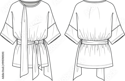 Kimono style belted tunic technical cad drawing flat vector illustration with wide sleeves draped neck scarf and gathered waist design