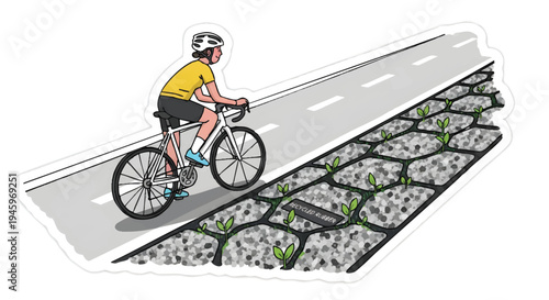 man riding bicycle on road with cobblestone sidewalk