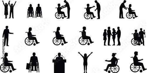 Disability silhouettes, wheelchair icons, inclusivity artwork, caregiving illustration, healthcare support design, accessibility and empowerment symbol collection