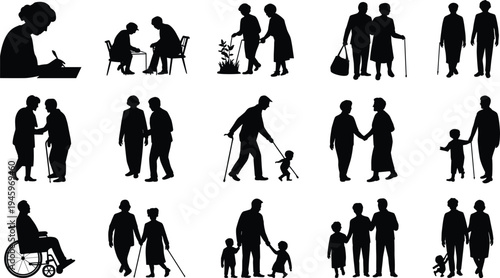 Elderly people silhouettes, caregiving icons, aging and mobility artwork, companionship illustration, intergenerational relationship design, senior lifestyle support symbol collection