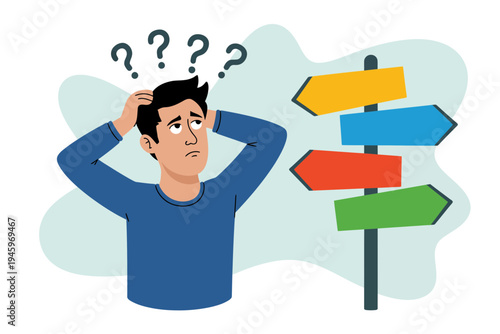 A confused man scratching his head standing next to a signpost with multiple arrows pointing in different directions