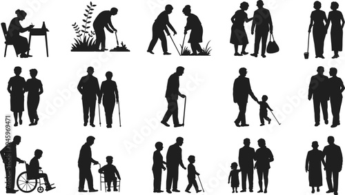 Elderly people silhouettes, caregiving icons, aging and mobility artwork, intergenerational relationship design, senior lifestyle illustration, healthcare support symbol collection