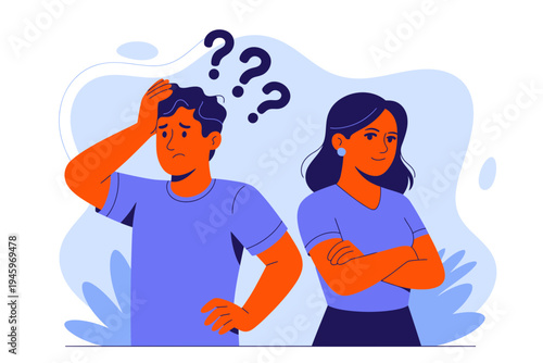 A frustrated man and woman standing together with question marks above their heads, expressing confusion and uncertainty.