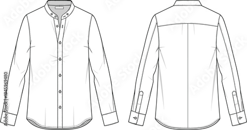 Cad drawing flat vector illustration of men's long sleeve mandarin collar dress shirt technical sketch with button down front template