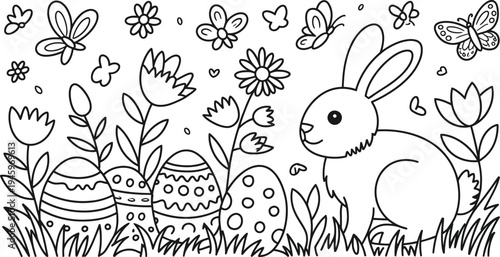Spring Easter Coloring Page with Bunny Flowers and Butterflies

