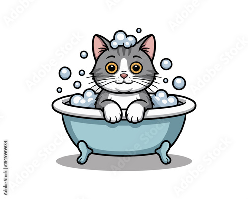 A cute cartoon cat taking a relaxing bath with bubbles and soap in a blue bathtub