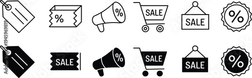 Sales and promotion icon set, discount and offer artwork illustration, e‑commerce and marketing design inspiration, retail symbols collection