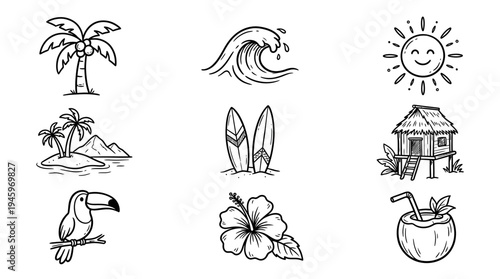 Tropical Vacation Doodle Icon Set Palm Trees, Ocean Waves, Sun, Toucan, Hibiscus Flower, Surfboards, and Coconut Drink