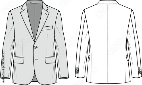 Cad drawing flat vector illustration of men's formal suit jacket blazer technical sketch with notch lapel and front back view
