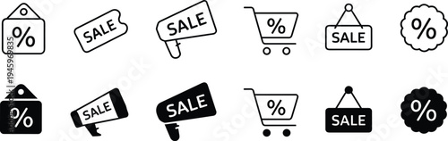 Sales and promotion icon set, discount and offer artwork illustration, e‑commerce and marketing design inspiration, retail symbols collection