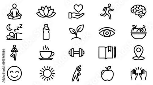 Collection of 16 line icons representing various aspects of a healthy lifestyle and wellness
