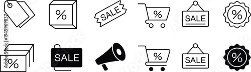 Sales and promotion icon set, discount and offer artwork illustration, e‑commerce and marketing design inspiration, retail symbols collection