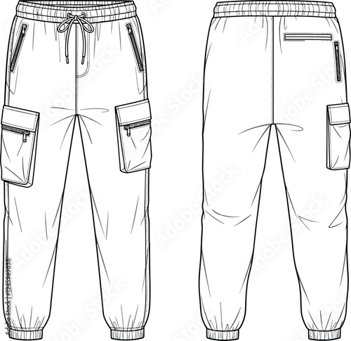 Cad drawing flat vector illustration of men's technical cargo jogger pants with zipper pockets drawstring waist and front back view