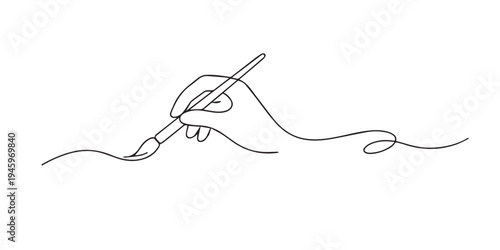 Continuous line drawing human hand holding a paint brush, minimalist artistic style for creative work and visual art concept. One line drawing for painting activity, artistic expression, creativity.