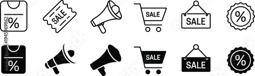 Sales and promotion icon set, discount and offer artwork illustration, e‑commerce and marketing design inspiration, retail symbols collection