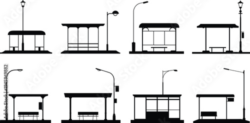 Silhouette collection of bus stop shelters with streetlamps, urban infrastructure artwork, public transportation illustration, architectural design inspiration