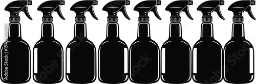Black spray bottle silhouette collection featuring various plastic trigger sprayer bottles for cleaning products and chemical liquids isolated on white.
