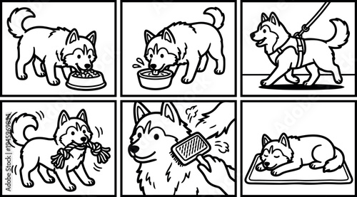 Black and white line art husky dog eating drinking walking playing with toy being brushed and sleeping on mat vector illustration
