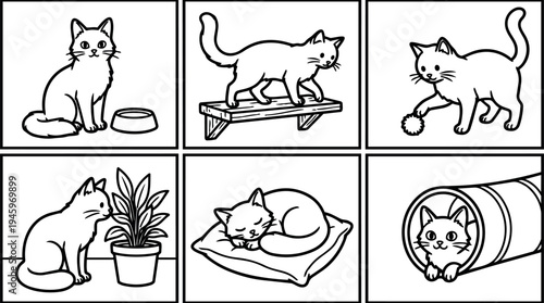Black line art six panel cartoon showing cute cat sitting by bowl walking on shelf playing ball sitting near plant sleeping on pillow and peeking out from crawl tunnel