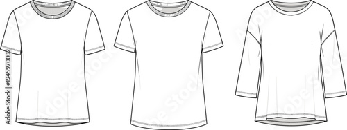 Cad drawing flat vector illustration of women's basic crew neck short sleeve t-shirts and three quarter sleeve top technical sketch