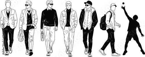 Male fashion silhouettes, business attire, casual style, athletic wear, lifestyle diversity, clothing evolution, modern menswear, professional look, casual outfit, sportswear