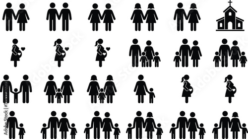 Family people icon set including parents children couples pregnancy and church symbols parenting relationship silhouette vector collection isolated