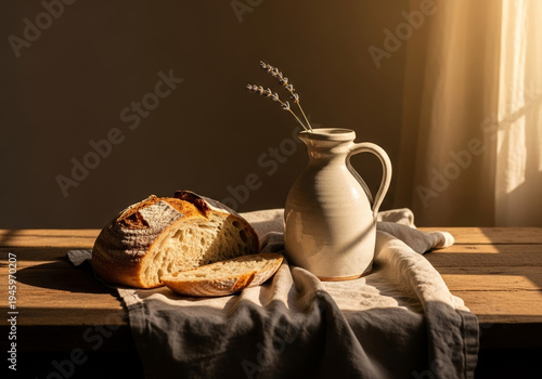 Rustic breakfast still life with sliced artisan bread and ceramic milk jug in warm morning sunlight, cozy countryside kitchen scene for bakery, food lifestyle and farmhouse design