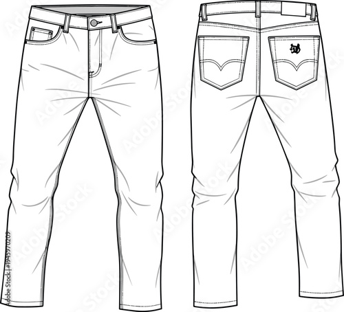 Cad drawing flat vector illustration of men's classic five pocket denim jeans technical sketch showing front and back view template