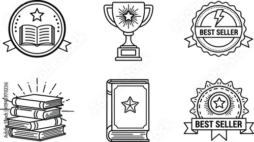 Book award icons, bestseller badge design, literary recognition illustration, publishing achievement symbol, trophy and certificate graphics, reading excellence branding artwork