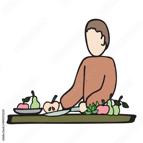 Man cutting apple at table healthy lifestyle flat hand drawn illustration