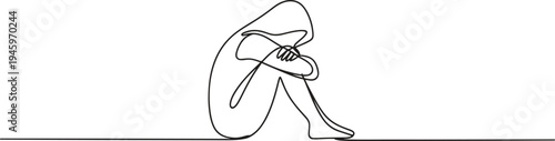 A continuous line drawing of a single person curled up in a fetal position, expressing distress.