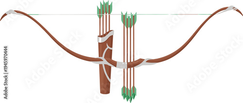 Elegant Fantasy Bow and Arrows with Detailed Woodwork and Green Fletching for Archery, Medieval and Mythical Weapon Designs
