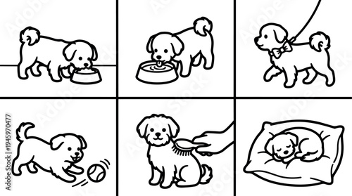 Simple line art vector set showing small dog eating drinking walking playing ball being brushed and sleeping on pillow