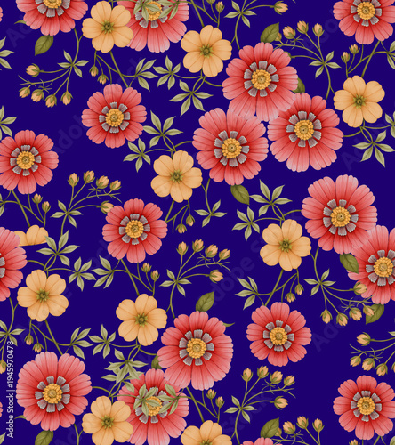 seamless pattern with flowers, black, blue, and brown background 