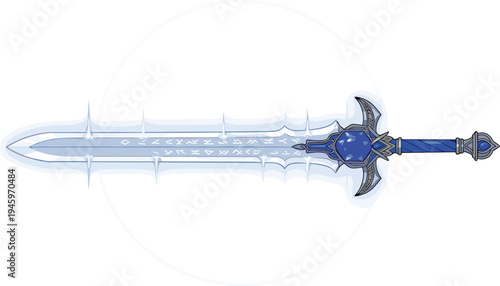 Magical Blue Enchanted Sword with Runes and Glowing Crystal Hilt for Fantasy Adventures, Mythical Weaponry Designs