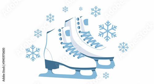 Pair of white ice skates with blue laces and light grey blades, surrounded by elegant snowflakes, isolated white background. Essential winter sports gear.