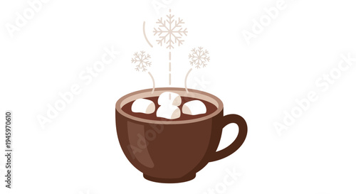 Delicious hot chocolate in a brown mug with melting marshmallows and rising steam, surrounded by snowflakes, isolated white background. Cozy winter beverage.