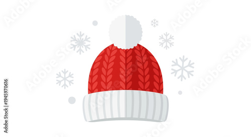 Cozy red knitted beanie hat with a fluffy white pompom, surrounded by falling snowflakes, isolated white background. Warm winter headwear.