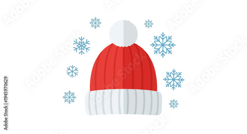 Warm red knitted beanie hat surrounded by scattered snowflakes, isolated white background. Winter fashion accessory.