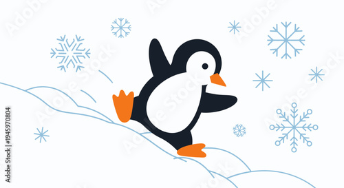 Happy cartoon penguin running up a snowy hill surrounded by blue snowflakes on an isolated white background.
