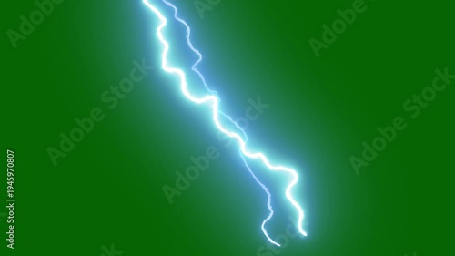 Realistic blue lightning storm bolts flashing across, cartoon lightning energy burst flash fx animation, electric strike isolated on green screen background with powerful thunder glow. 4k