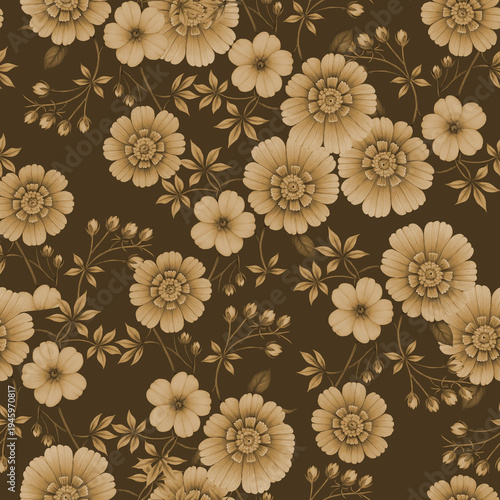 seamless pattern with flowers, black, blue, and brown background 