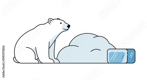 Peaceful polar bear outline illustration lying on a soft snowdrift with a small ice block on an isolated white background.